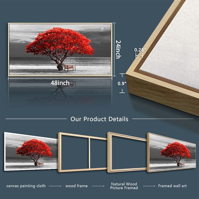 Framed Canvas Wall Art For Living Room Large Size Wall Decor For Bedroom Black White With Beach Wall Painting Moon Red Trees Canvas Pictures Artwork Boho Home Decorations Natural Wood Framed 24" X 48"