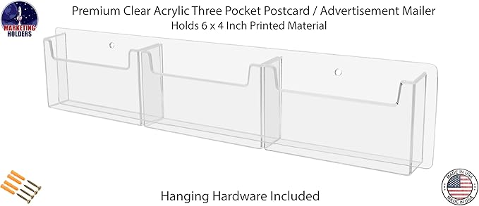 Marketing Holders Postcard Holder Wall Organizer Clear Plastic Triple Pocket Horizontal Display Rack with Hanging Hardware Index Card Bin Motels Colleges Timecards Distribution Welcome Centers