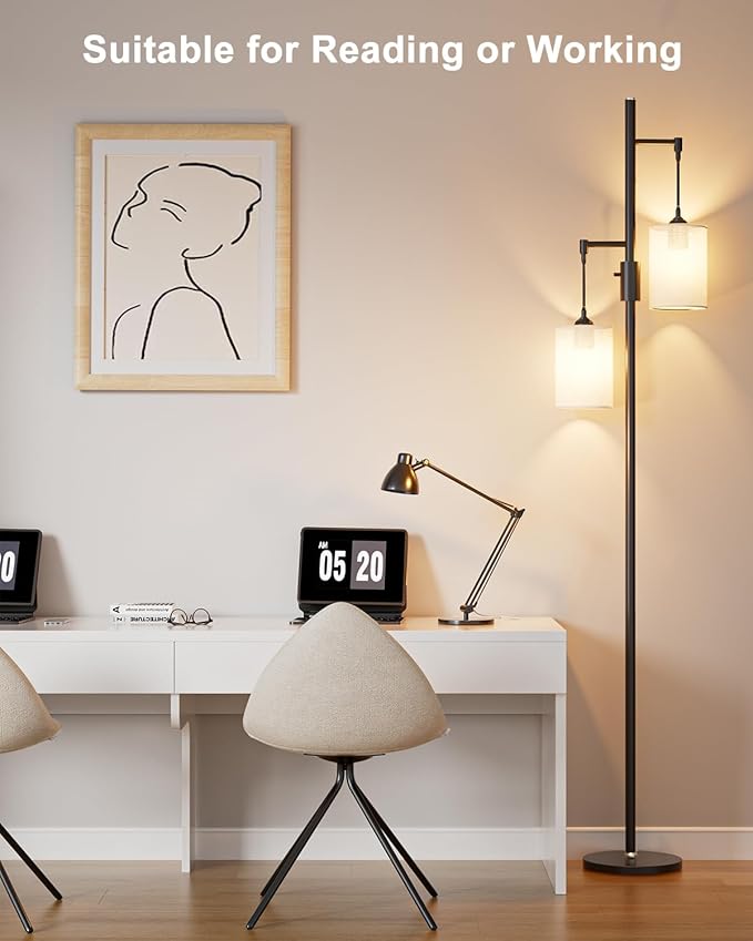 Lightdot 65IN Black Floor Lamp for Living Room, Industrial 2-Light Tree Floor Lamps with Linen Shade, Mid Century Modern Standing Tall Lamp for Bedroom/Sofa Beside/Corner Decor-Black(Bulb Included)