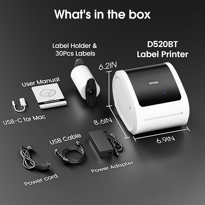 Bluetooth Shipping Label Printer 4x6 - D520BT Bluetooth Thermal Label Printer for Small Business, Shipping Packages, Compatible with USPS, Shopify, Amazon, Tiktok