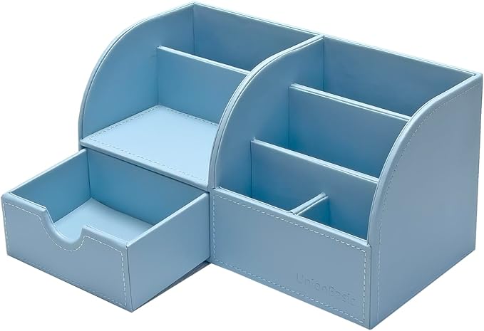 UnionBasic Desk Organizer - Multifunctional Leather Desktop Pen Holder Storage Box - Business Card/Pen/Pencil/Mobile Phone/Stationery Holder, Blue
