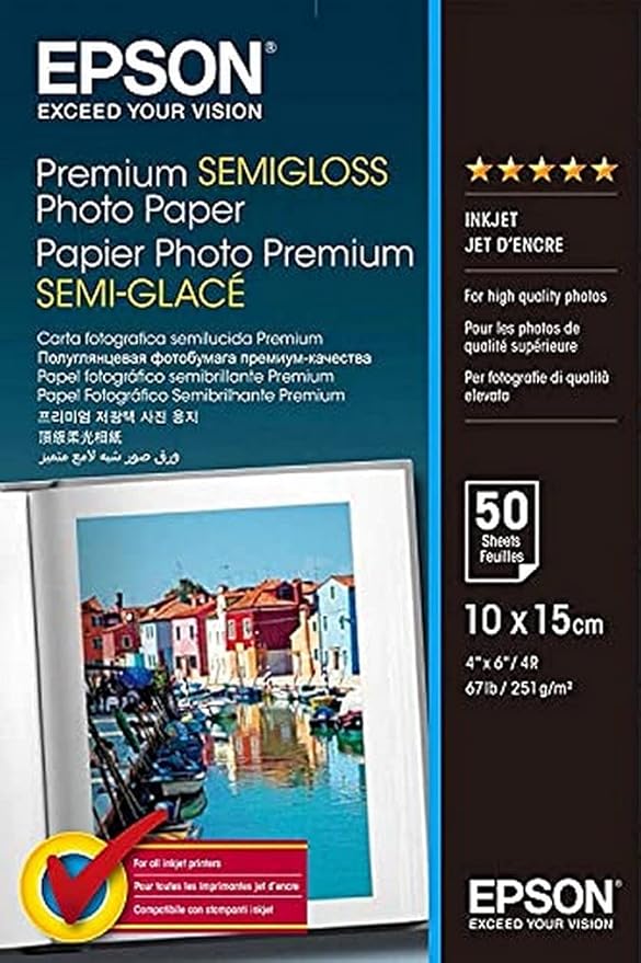 Epson C13S041765 Premium Semigloss Photo Paper 10 x 15, 50 Sheets.