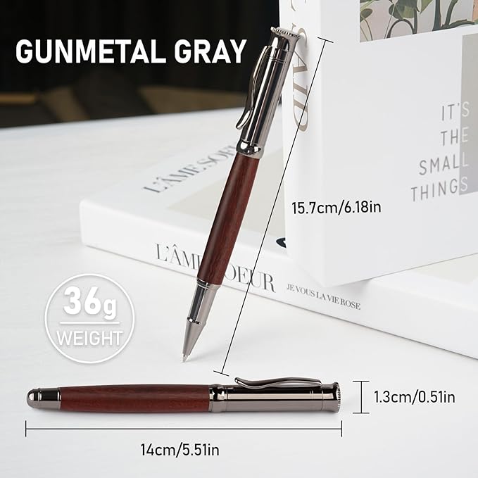 WEMATE Wood Rollerball Pen Set, Extra 2 Ink Refills(1 Black & 1 Blue), Fancy Writing Pen Nice Luxury Office Gift for Men, Professional and Executive, Cool Wooden Pen for Journaling - Bubinga