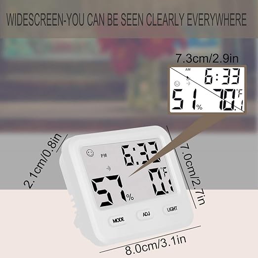 Digital Hygrometer Indoor Thermometer, Temperature Humidity Gauge with Desk Clocks for Bedroom Office,Backlit Accurate Monitor Clear Reading,Time Display Room Thermometer for Home Greenhouse(White)
