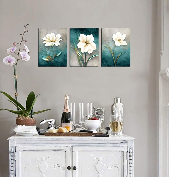 Flower Canvas Wall Art Cream White Floral Wall Decor Turquoise Tealish Grey Background Canvas Picture Modern Rustic Artwork Bathroom Bedroom Living Room Home Office Decoration 16" x 24" x 3 Pieces