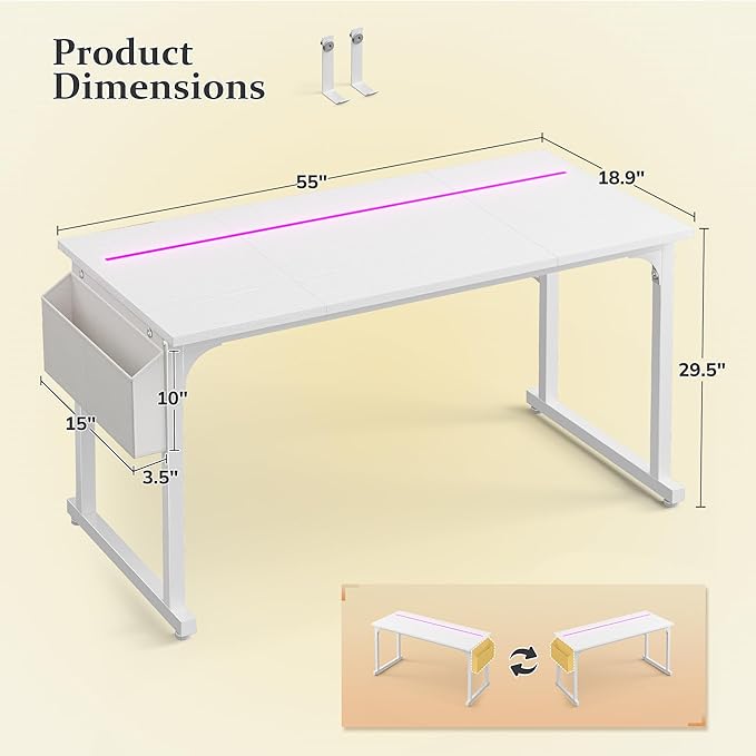 55 Inch White Computer Desk with LED Lights, Office Desk with Storage Bag for Home Office, Gaming Desk with Headphone Hook for Study Writing Work Desk,Sturdy Metal Frame