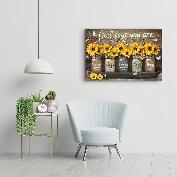 Parylore Vintage Sunflower Wall Art Canvas Christian Scripture Decor Print God Says You Are Painting Framed Modern Artwork For Living Room Bedroom Bathroom Office Home 12x16 In