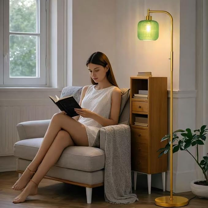 Glass Floor Lamp for Living Room, Dimmer Standing Lamp with Green Ribbed Lampshade,66” Tall Lamp & Gold Floor Lamp for Bedroom Study Room,Brushed Gold (Drum Green Glass Shade)