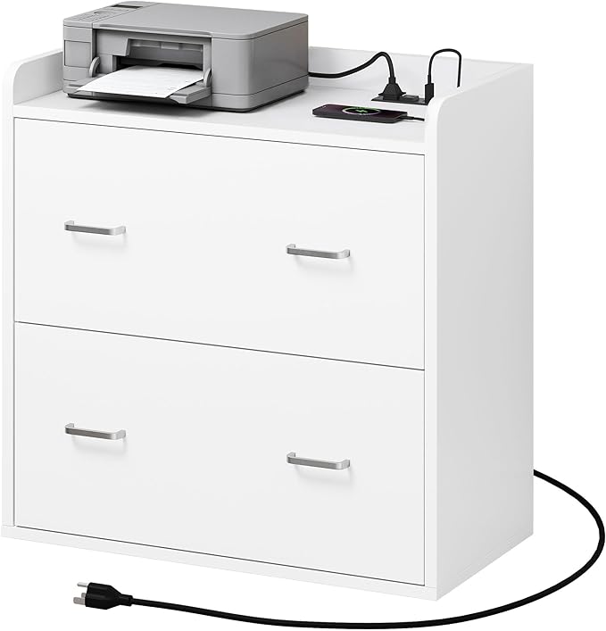 DWVO File Cabinet with Charging Station, 2 Drawer Lateral Filing Cabinet with Storage, Large Printer Stand for Home Office Living Room, Fits A4 Legal Letter Documents, White