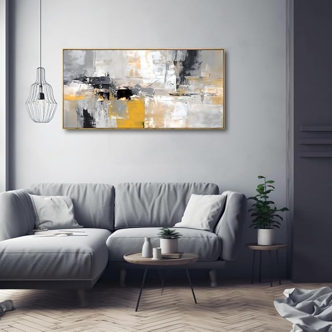 Wall Art Yellow Black White and Grey Modern Artwork for Living Room Bedroom Dining Room Home Office Decor 30"x60" with Framed