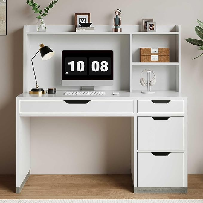 White Desk with Hutch, 53 Inch Computer Desk with Storage File Drawer, White Study Desk with 4 Drawers for Bedroom, Small Space
