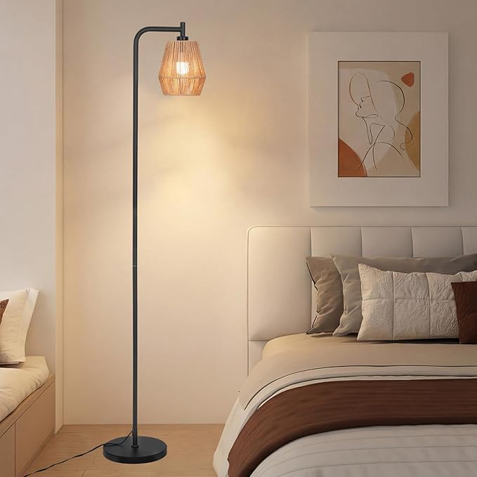 Rattan Floor Lamps for Living Room,Boho Floor Lamp with 3 Color Temperatures,Farmhouse Standing lamp with Hand-Worked Wicker shade,Black tall light for Bedroom,Office,Corner(9W LED Bulb Included)