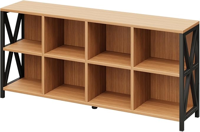 63" 8 Cube Horizontal Bookshelf Long Bookshelf Wood Cube Storage Organizer Rustic Wood Cubby Bookcase for Living Room Walnut
