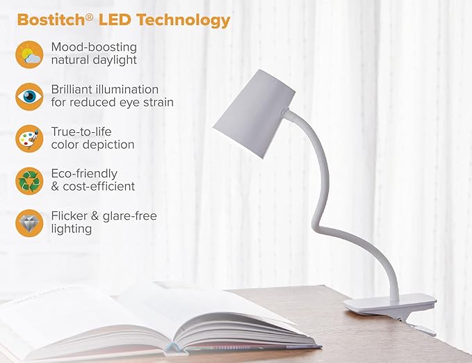 Bostitch Office Adjustable LED Clamp Light, Compact Design, Flexible Neck, Flicker Free, Suction Cups for Stable Installation, White (LED2103)