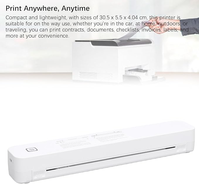 Portable Thermal Printer Wireless Inkless High Resolution 203dpi Compact Printer for Home Office Travel ABS 30.5 x 5.5 x 4.04cm