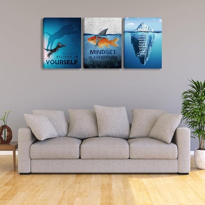 Unbruvo Motivational Wall Art for Office, 3 Pieces Cat Glacier Fish Canvas Print, Inspirational Quotes Wall Decor for Living Room, Bedroom, Dorm-(72''Wx 36''H)