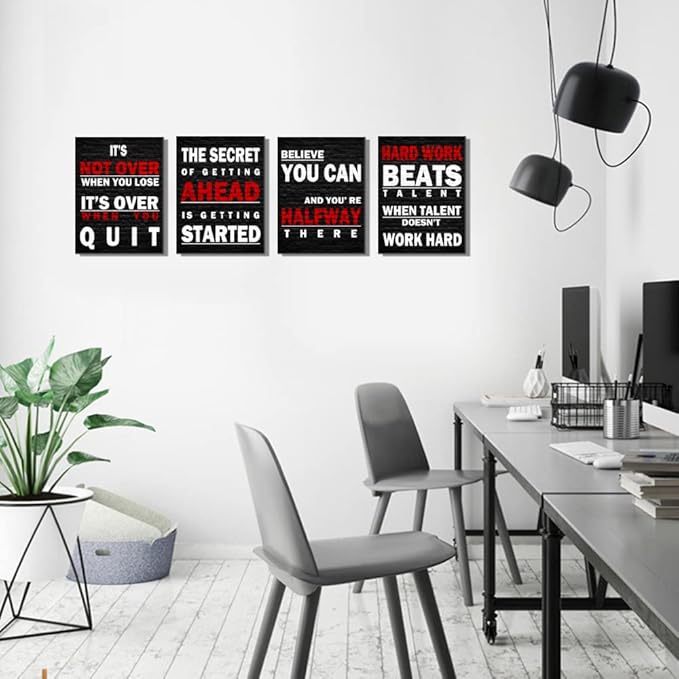 Inspirational Office Wall Art Décor Black and White Canvas Art Print Motivational Quotes Posters for Home Gymnasium, Fitness Center Wall Decor-Work Hard Beats Talent-Believe You Can-It's Not Over When