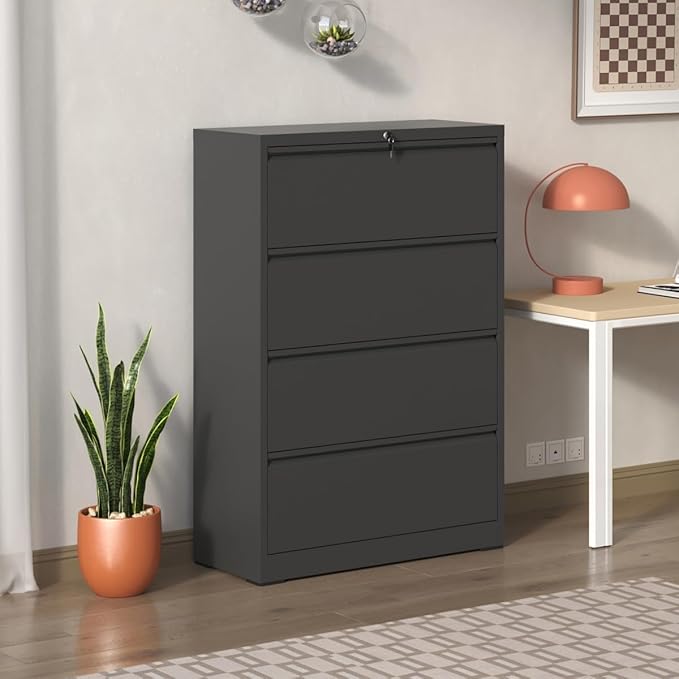 4 Drawer Lateral File Cabinet with Lock for Home Office Metal Filing Cabinet with Adjustable Hanging Rails Horizontal Filing Organization Storage Cabinet for Letter/Legal/A4/F4 Size Black