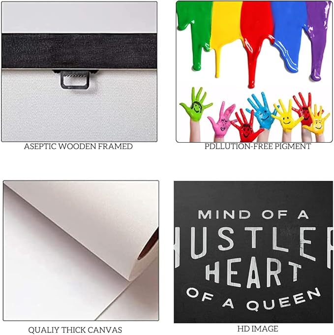 Mind Of A Hustler Heart Of A Queen - Inspirational Contemporary Entrepreneur Quotes Canvas Wall Art Black and White Motivational Framed Artwork HD Print Easy to Hang-44 Wx28 H