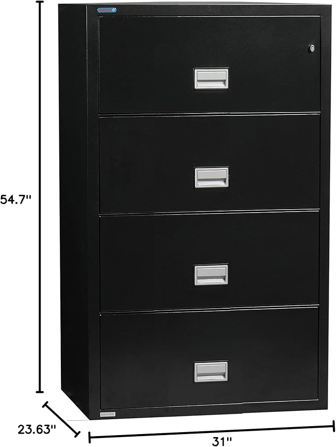 31 inch Wide 4-Drawer Lateral Fireproof File Cabinet – Legal and Letter Size Filing – Key Lock – Water Resistant – Fire Safe and Impact Rated – Black Finish – Model LAT4W31B