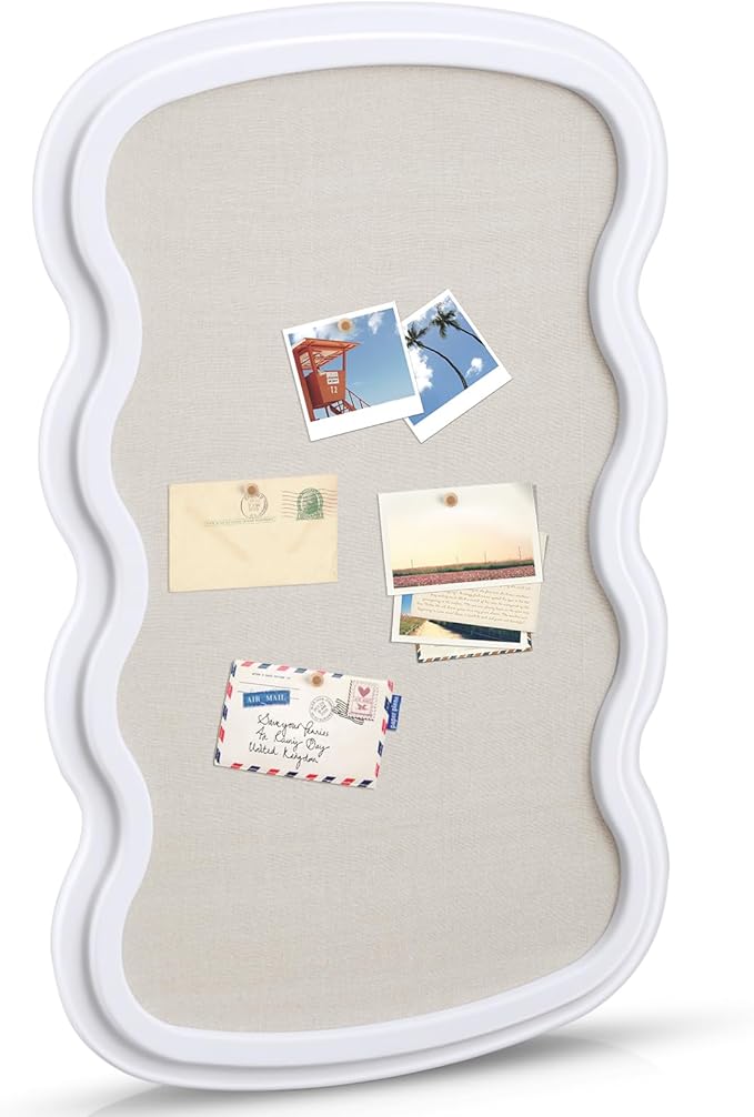 Vintage Framed Pin Board Linen Display Bulletin Board Large Cork Fabric Picture Photo Pinboard Memo Ornate Decorative Pinboard Ornate for Wall Gift(Wavy,24" X 36",Creamy White)