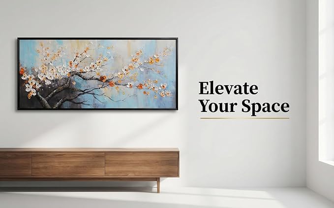 Hand-Painted Plum Blossom Wall Art for Living Room, Large 3D Texture Floral Canvas Oil Painting for Bedroom, Modern Black Framed Artwork for Above Sofa Office Kitchen Ready to Hang 24x56 Inches