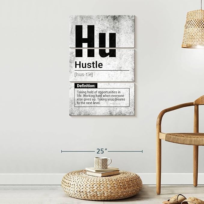 Elephant Stock - Hustle Definition Grunge Wall Art - Vertical Multi Panel Canvas - 3 Piece Living Room Wall Decor - Digital Art Inspirational And Typography Multi Piece Wall Art - Black And Gray Decor - 20" x 32"