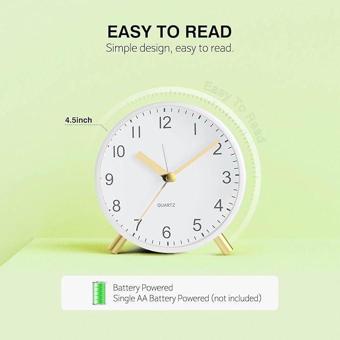 Analog Alarm Clock, Super Silent Non Ticking with Night Light, Battery Operated, Bedroom Clock,Fashionable Round Metal Alarm Clock for Office, Elderly, Adults, Children, School Gift