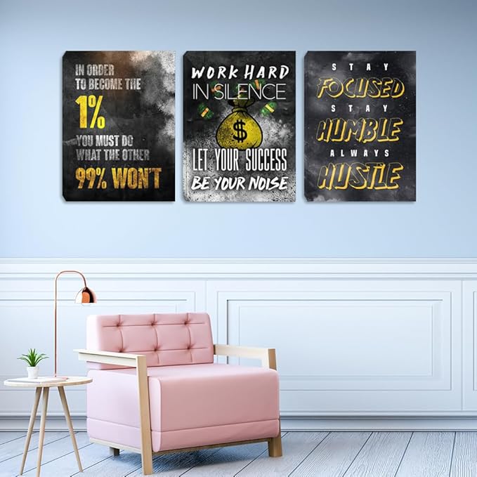 Halioyo Inspirational Wall Art, 3 Panel Black Gold Motivational Painting Picture, Entrepreneur Office Success Canvas Prints for Workplace Living Room Bedroom(60" W x 28 H), Ready to Hang