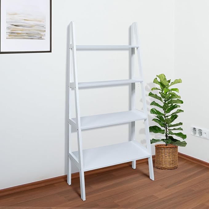 Casual Home 100% Solid Wood 4-Shelf Ladder Bookcase, Standard, 60" H, White