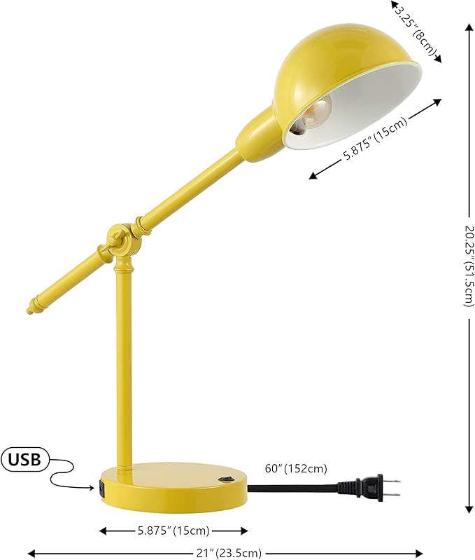 JONATHAN Y 20.25" Yellow Vintage Industrial Iron Adjustable Task Lamp with USB Charging Port for Office Desk, Metal Yellow Dome Shade, LED Bulb Included (JYL7123C)