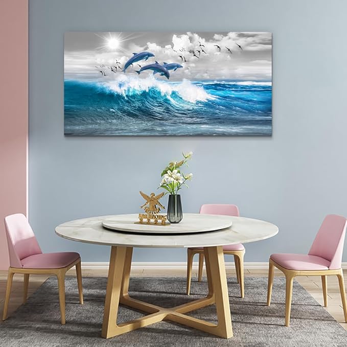 Wapluam Wall Decor For Living Room Large Canvas Wall Art For Bedroom Blue Wave Of The Sea Pictures Artwork Modern Office Canvas Print Dolphins Wall Paintings Ready To Hang Stretched and Framed