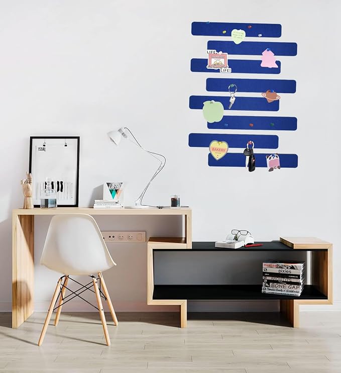 Vuzvuv 8 pcs Bulletin Board Bar Strips with 50 Pushpins & 10 Wooden Clip pins,Self Adhesive Cork Board for Wall,Felt Pin Board for School,Office Decor(Dark Blue)