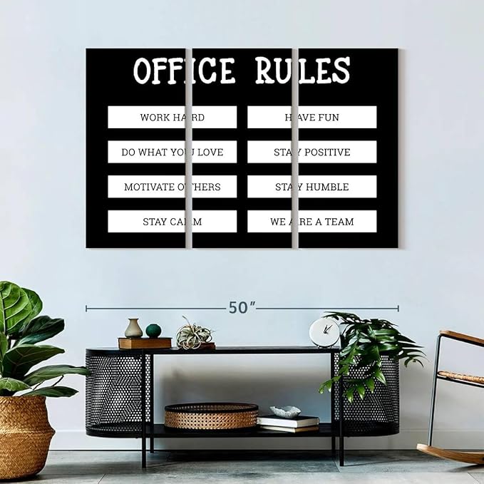 Elephant Stock - Office Rules Wall Art - Horizontal Multi Panel Canvas - 3 Piece Home Office Wall Decor - Digital Art Motivational Typography Multi Piece Wall Art - Black And White Decor by Cad Designs - 50" x 32"