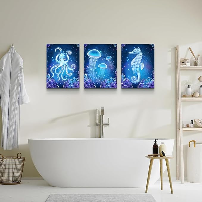 Lapremoly Blue Ocean Animal Seascape Canvas Prints Wall Art Paintings For Bedroom Framed Wall Decor for Living Room Ready To Hang Bathroom Wall Pictures Modern Home Decoration Artworks 3 Pieces
