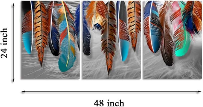 Colorful Feather Poster Prtins Decor Modern Gray Background Picture Wall Art 3 Pieces Canvas Painting Artwork Decoration Home Office Decor for Living Room Bedroom - 48" Wx24 H