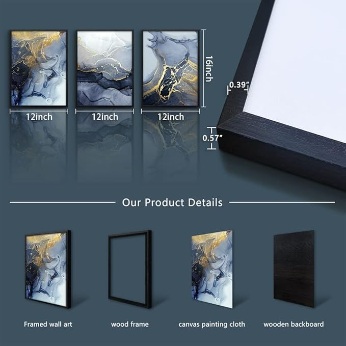 Black Framed Canvas Wall Art For Bedroom Abstract Wall Decor For Living Room Abstract Ink Paintings Wall Artworks Hang Pictures For Office Decor Bathroom Home Decorations Posters 12"X16" 3 Piece