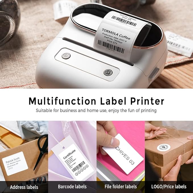 Phomemo M220 Label Maker White & 1 Roll White Thermal Label 2.44" x 4"(62x100mm), Upgrade 3 Inch Barcode Portable Printer, for Office & Small Business, Compatible with Phones&PC