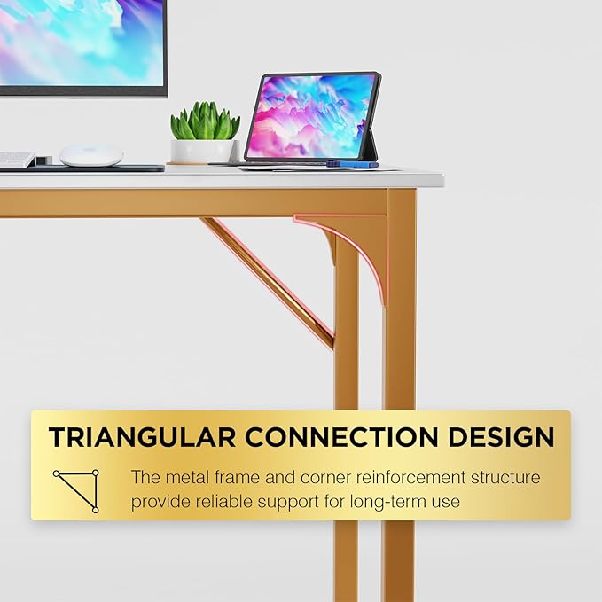 Dkelincs 40 Inch Small Computer Desk Home Office Desk Writing Desk Modern Simple Style Study Work Table with Metal Frame, Easy Assembly, Adjustable Feet, Water-Resistant, Scratchproof Surface, Gold