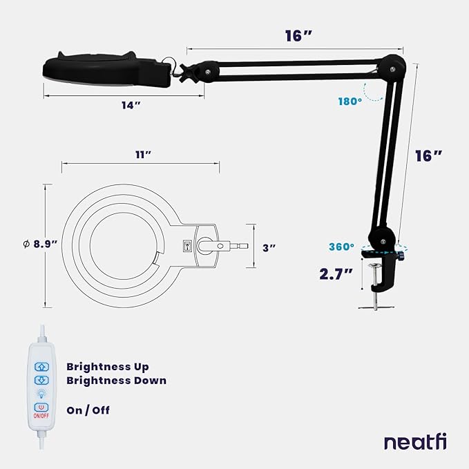 Neatfi LED Magnifying Lamp with Clamp | 12W | 60 SMD LEDs | 1,200 Lumens | Adjustable Step Dimming | 2.25x Magnification Desk Lamp Magnifier for Crafts, Painting, and Hobbies (Black, 5-Diopter)