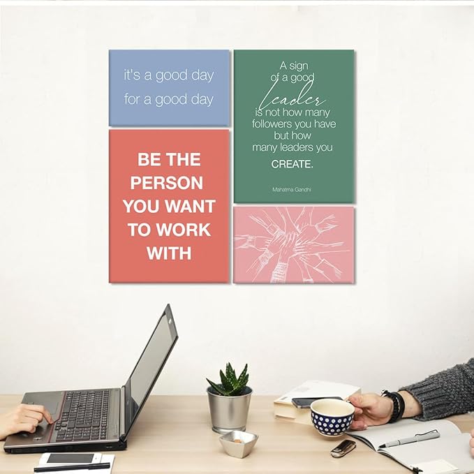YEOION Inspirational Office Wall Art for Women,Motivational Teamwork Wall Decor for Office,Orange and Green Postive Quote Workplace Canvas Wall Art for Set of 6