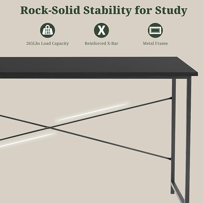 Computer Desk 55 Inch, Simple Home Office Desk Study Writing Table, Sturdy Metal Frame, Scratch-Resistant MDF Desktop for Bedroom Dorm Workspace, Black