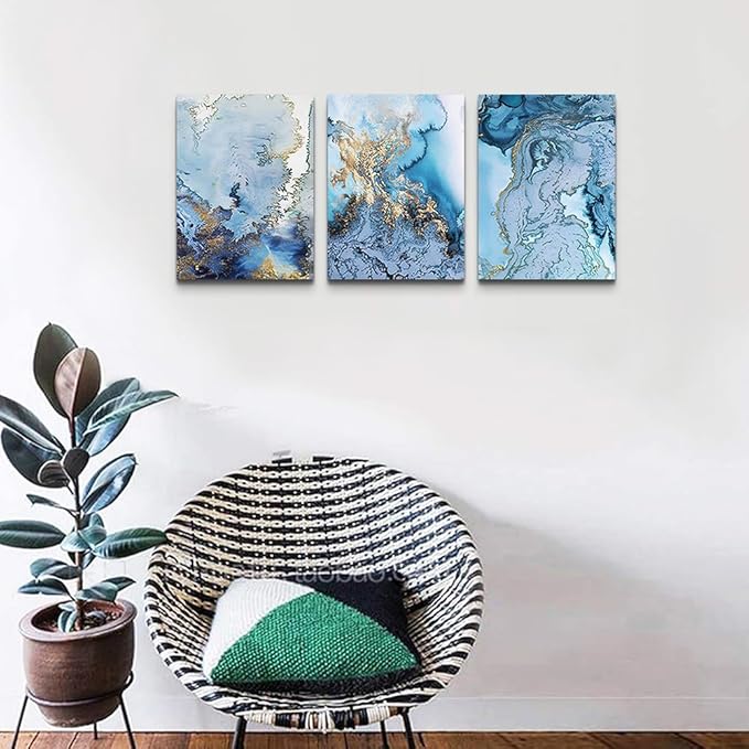 Lapremoly Abstract Canvas Wall Art For Living Room Bedroom Wall Decoration Office Decor Pictures Blue Watercolor Paintings Ready To Hang Home Artwork Framed Canvas prints Decor 3 Pieces