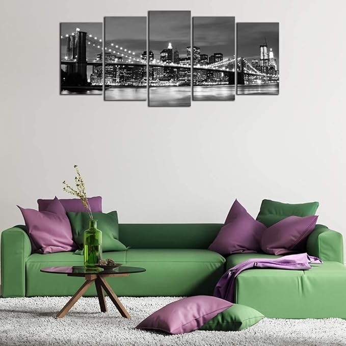 Wieco Art Large Brooklyn Bridge Night View Modern Giclee Canvas Prints Artwork Landscape Pictures to Photo Paintings on Stretched and Framed Canvas Wall Art for Home Decorations