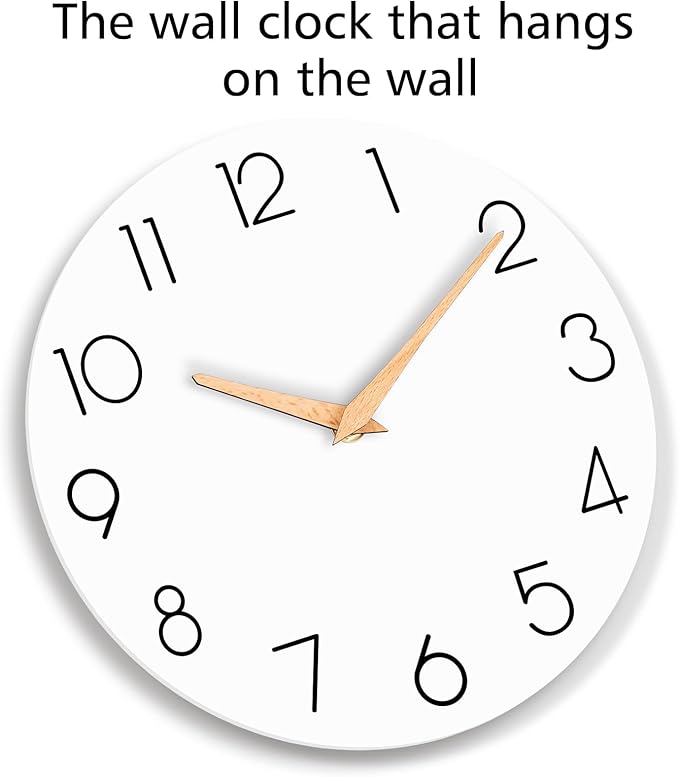 Wall Clock, 14 Inch Wooden Silent Non-Ticking, Decorative Battery Operated Wall Clocks for Bedroom, Kitchen, Home, Living Room, Office, School, Hotel (White)