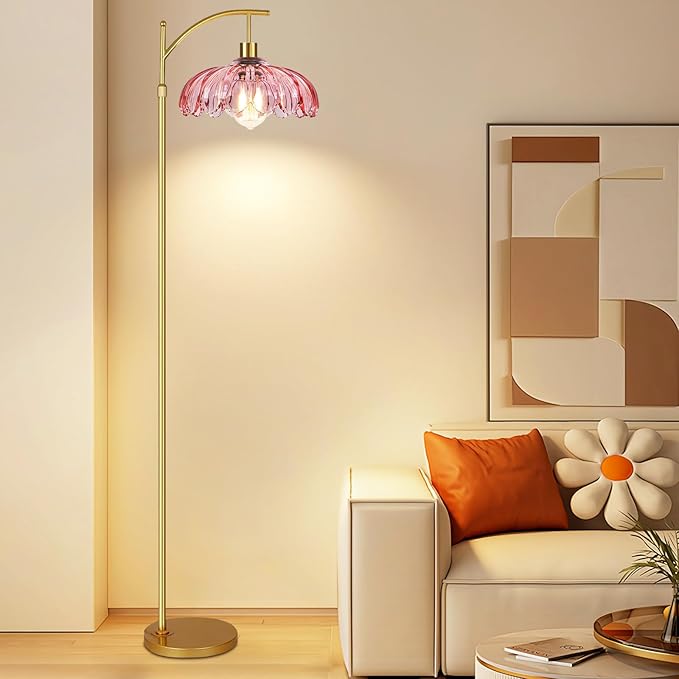 Pink Floor Lamp for Living Room,Bedroom,Glass Mid Century Modern Standing Lamp with Remote,Dimmable Gold Tall Lamp Vintage Arc Floor Lamps Flower Girls Kids Light Boho Bohemian