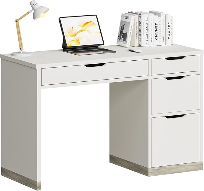 White Desk with Drawers, 48 Inch Small Computer Desk with 4 Storage Drawers for Small Space, Home Office Desk for Bedroom with Storage File Drawer