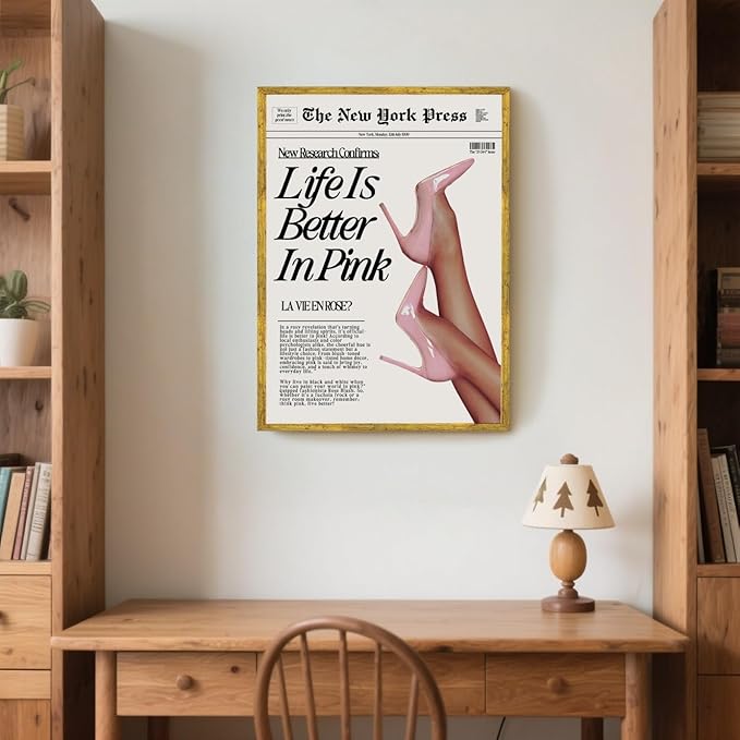 Trendy Baby Pink Hot Girl Poster Life Is Better In Pink Newspaper Wall Art Retro High Heel Picture 70s News Headline Canvas Prints Aesthetic Decor for Girly Bedroom Dorm 12x16inch Golden Framed