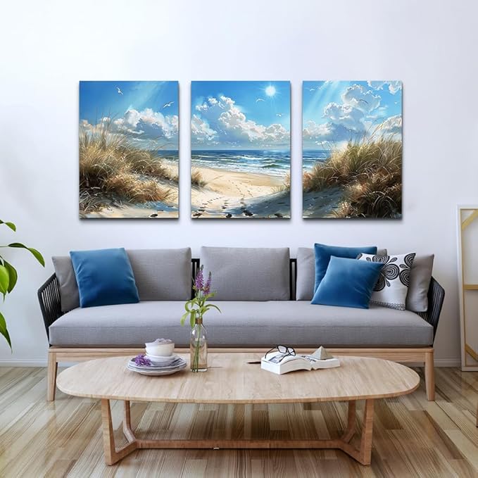 TTHYUEWS Large Canvas Wall Art for Living Room & Bedroom - Blue Ocean Beach Scene with Sea Waves - 3 Piece Set Ready to Hang - Modern Home Decor