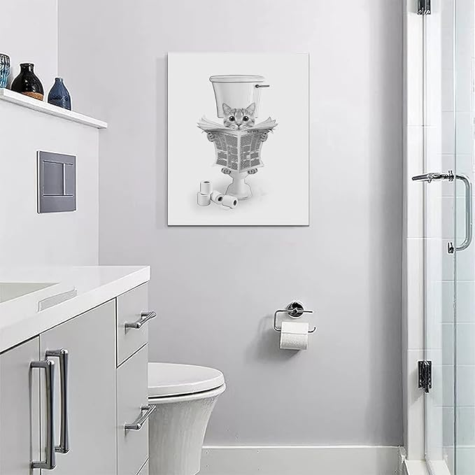 yerretin Funny Cat Bathroom Wall Art Black and White Cat Pictures Wall Decor Animal Bathroom Canvas Painting Modern Artwork Home Decorations Framed Ready to Hang 16"x20"